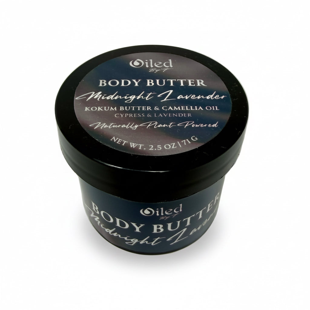 Body butter container with black lid and label on a white background