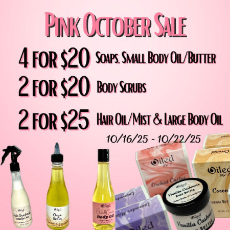 Promotional flyer for a 'Pink October Sale' with product images and pricing details on a pink background.