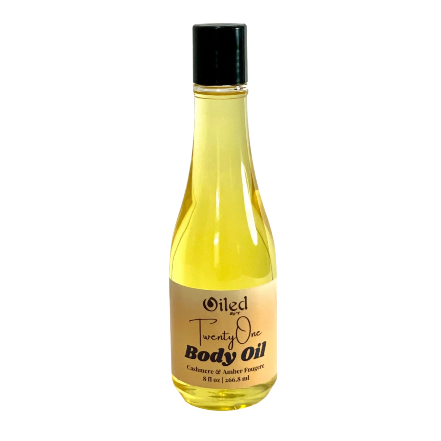 A clear bottle containing yellow liquid, labeled as 'Oiled Twenty One Body Oil'.