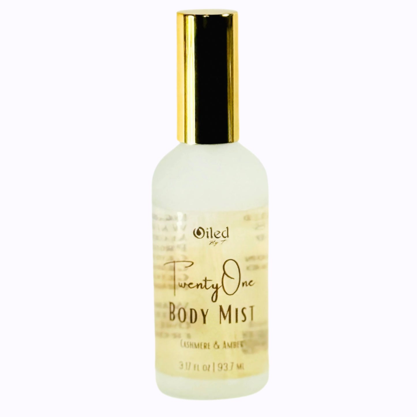 Body mist bottle labeled 'Twenty One' with gold cap on a white background