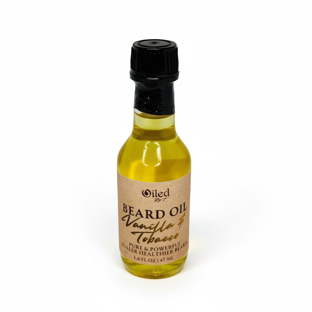 Bottle of vanilla and tobacco beard oil with a black cap on a white background