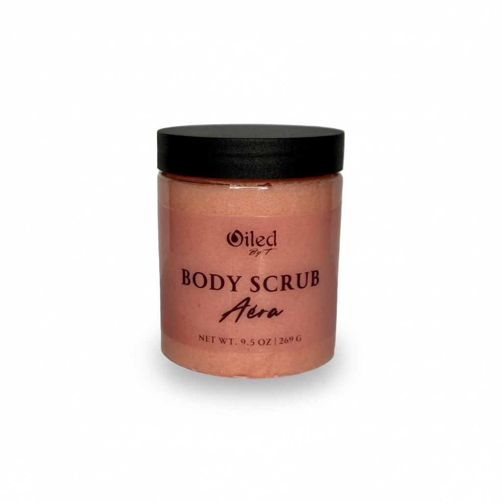 Jar of body scrub with black lid on a white background