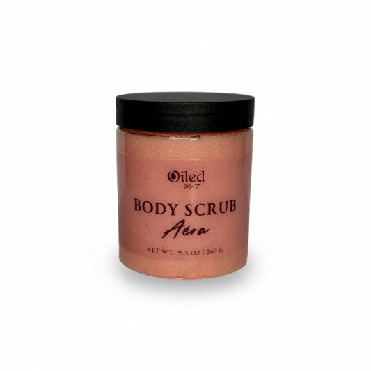 Jar of body scrub with black lid on a white background