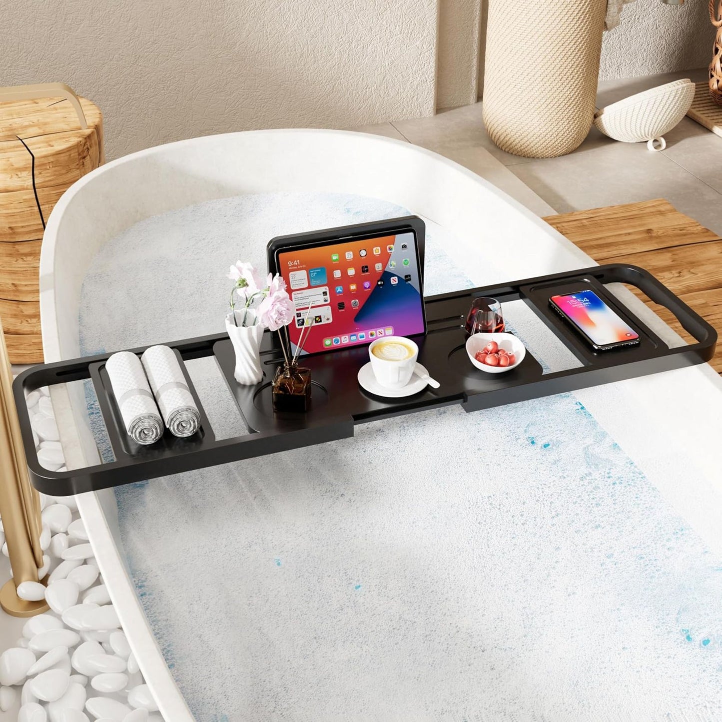 Black Bamboo Expandable Bathtub Tray