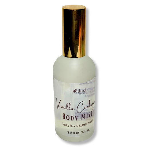 Vanilla Cashmere Body Mist bottle with gold cap on a white background