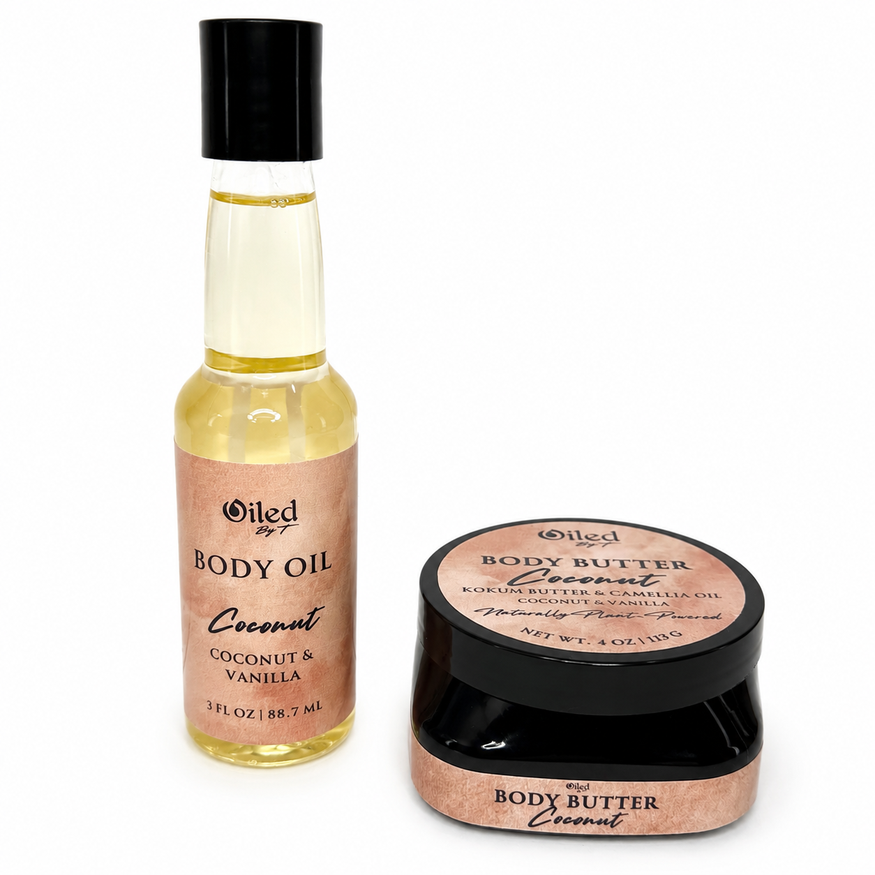 Oiled By'T Coconut Body oil and body butter set with 'Oiled by T' branding on a white background