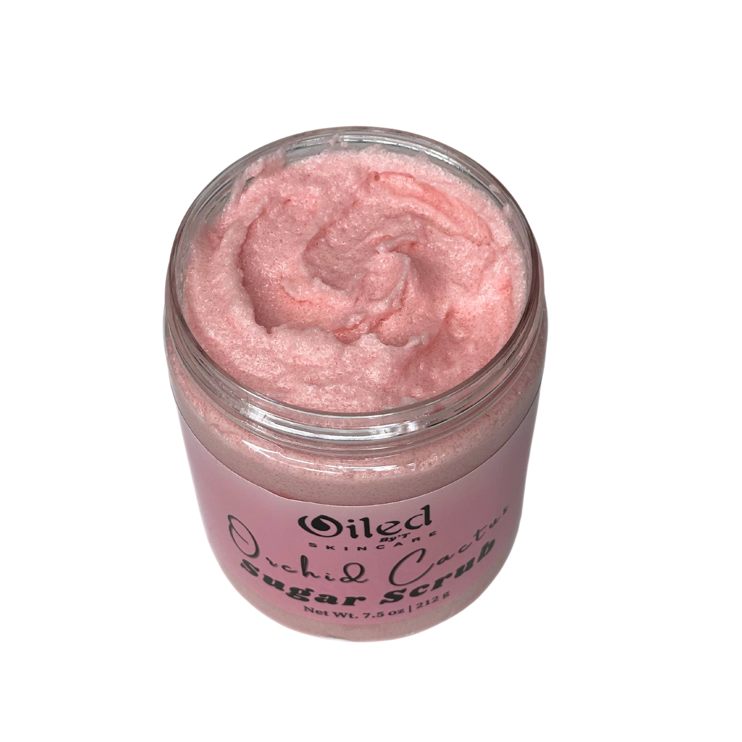 Pink Body Scrub Orchid Cactus Scent with jar open 7.5 oz