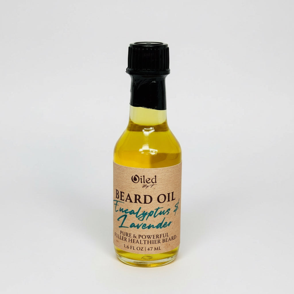 Bottle of Oiled Eucalyptus & Lavender beard oil on a white background