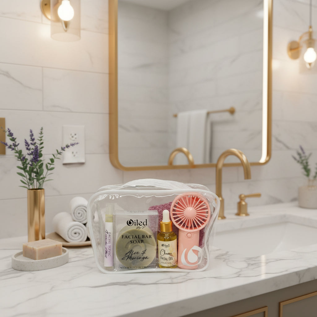 Set of skincare and beauty products including a facial bar soap, oil, and fan in a clear pouch.