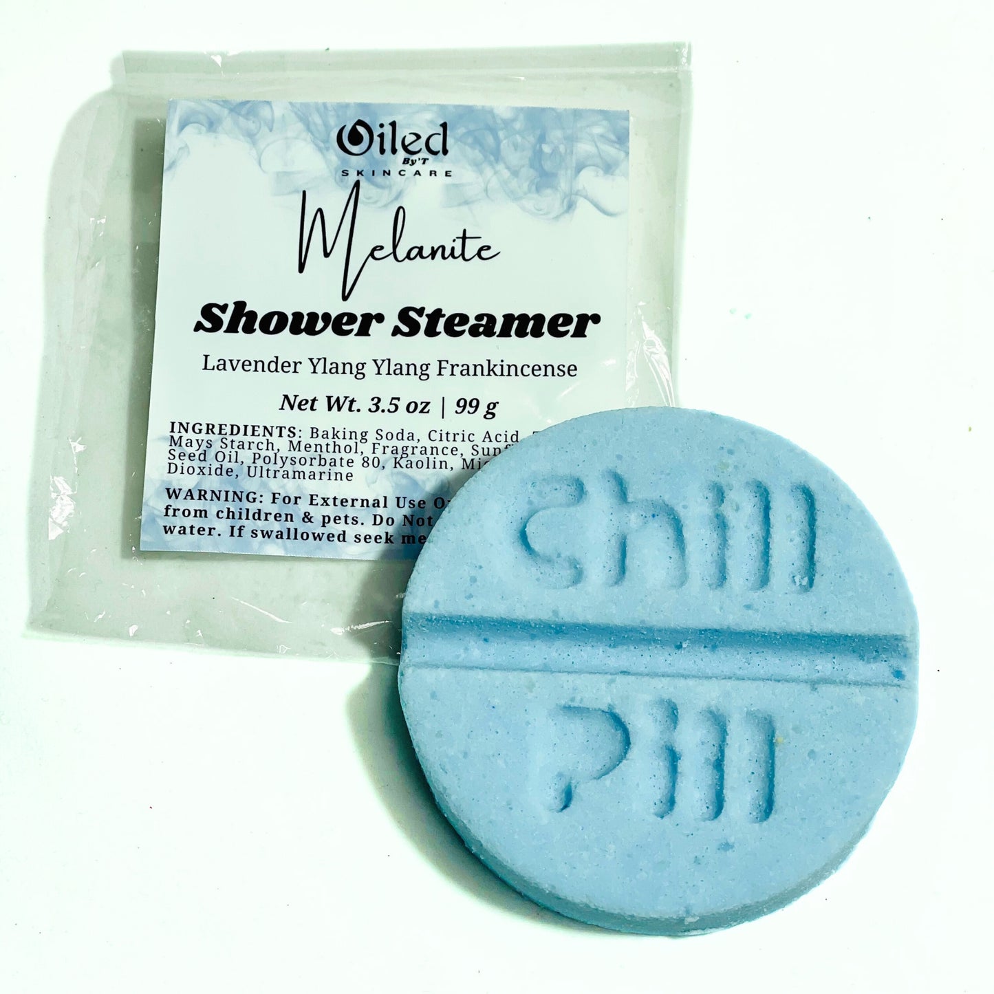 Shower Steamer Tablet 3.5 oz Blue Chill Pill with clear packaging and label 