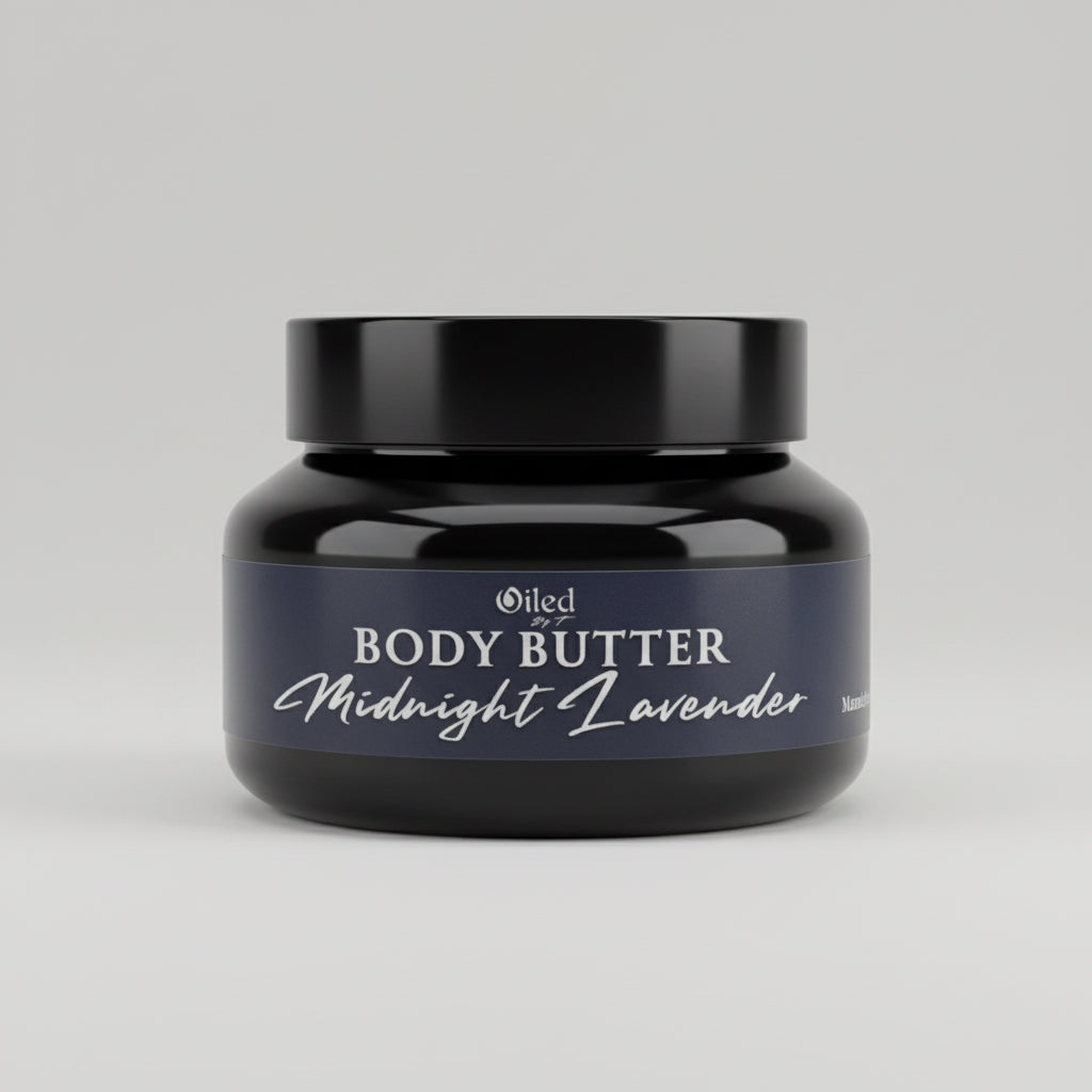 Black jar of body butter labeled 'Midnight Lavender' on a light gray background
