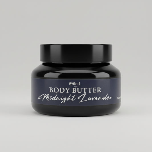 Black jar of body butter labeled 'Midnight Lavender' on a light gray background