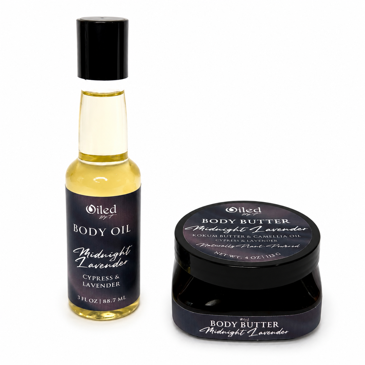 Oiled By'T Midnight Lavender Body oil in a bottle and body butter jar with 'Oiled By'T' branding on a white background