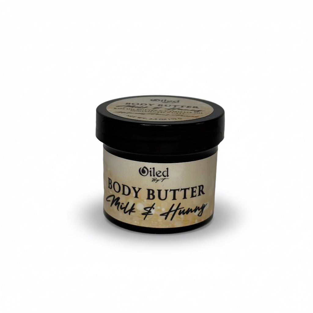 Jar of body butter labeled 'Milk & Honey' on a gray background
