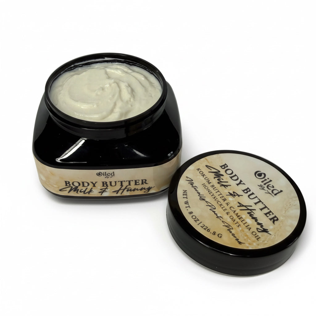 Black 8oz opened jar with Milk & Hunny Scented Body Butter