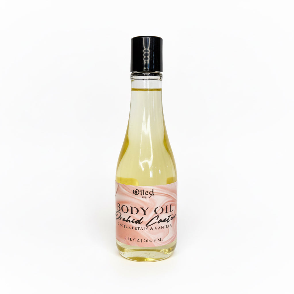 8oz bottle of body oil floral notes and vanilla with a pink label on a white background