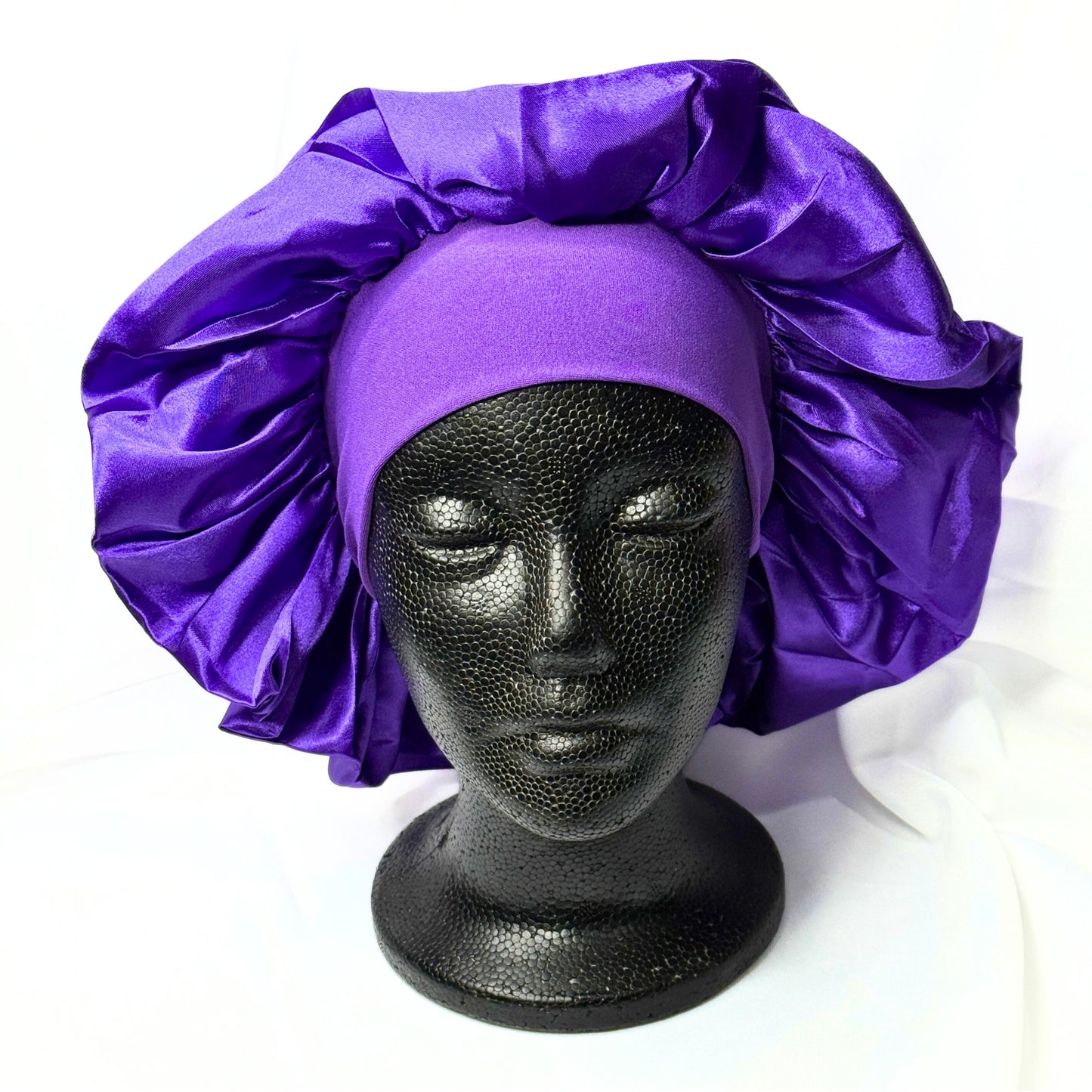 Purple Satin Hair Bonnet on Mannequin Head