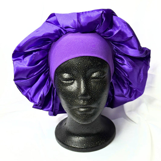 Purple Satin Hair Bonnet on Mannequin Head