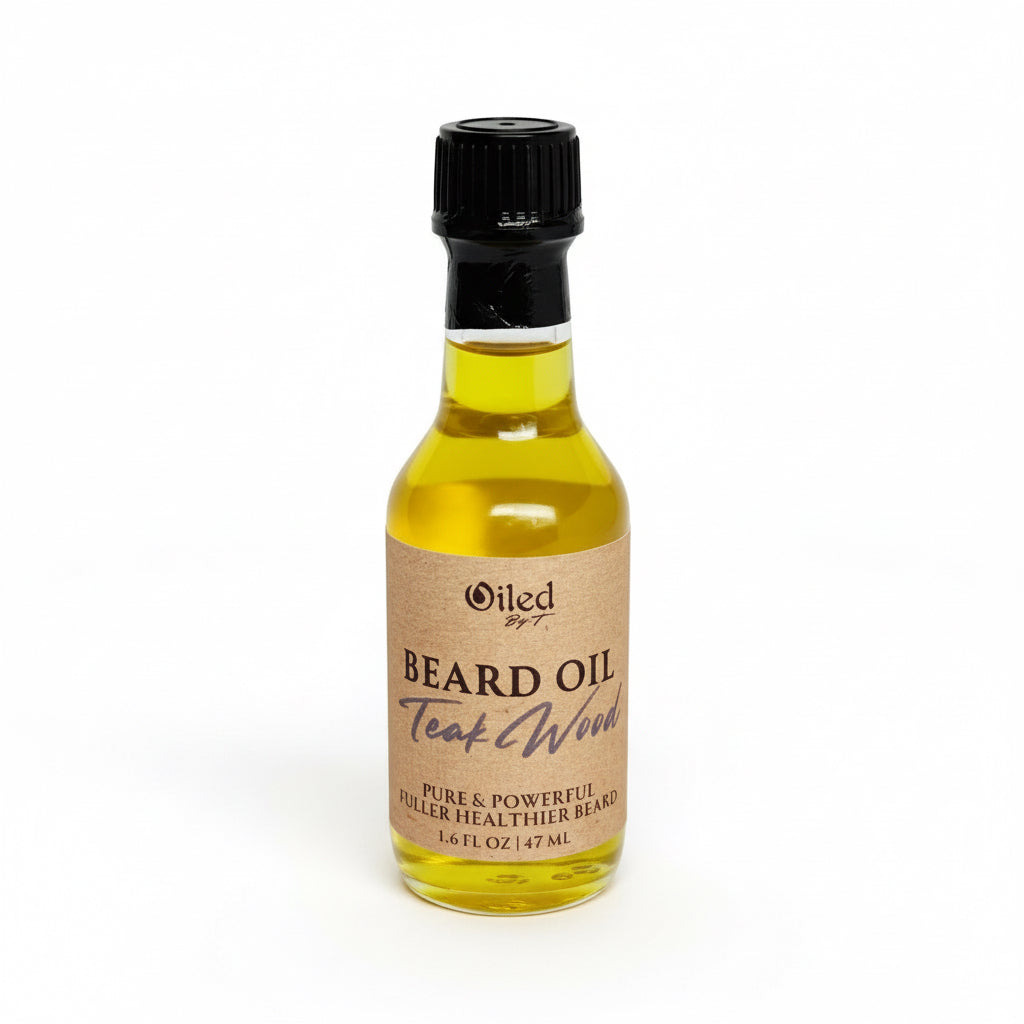 Bottle of Oiled Teak Wood beard oil on a white background