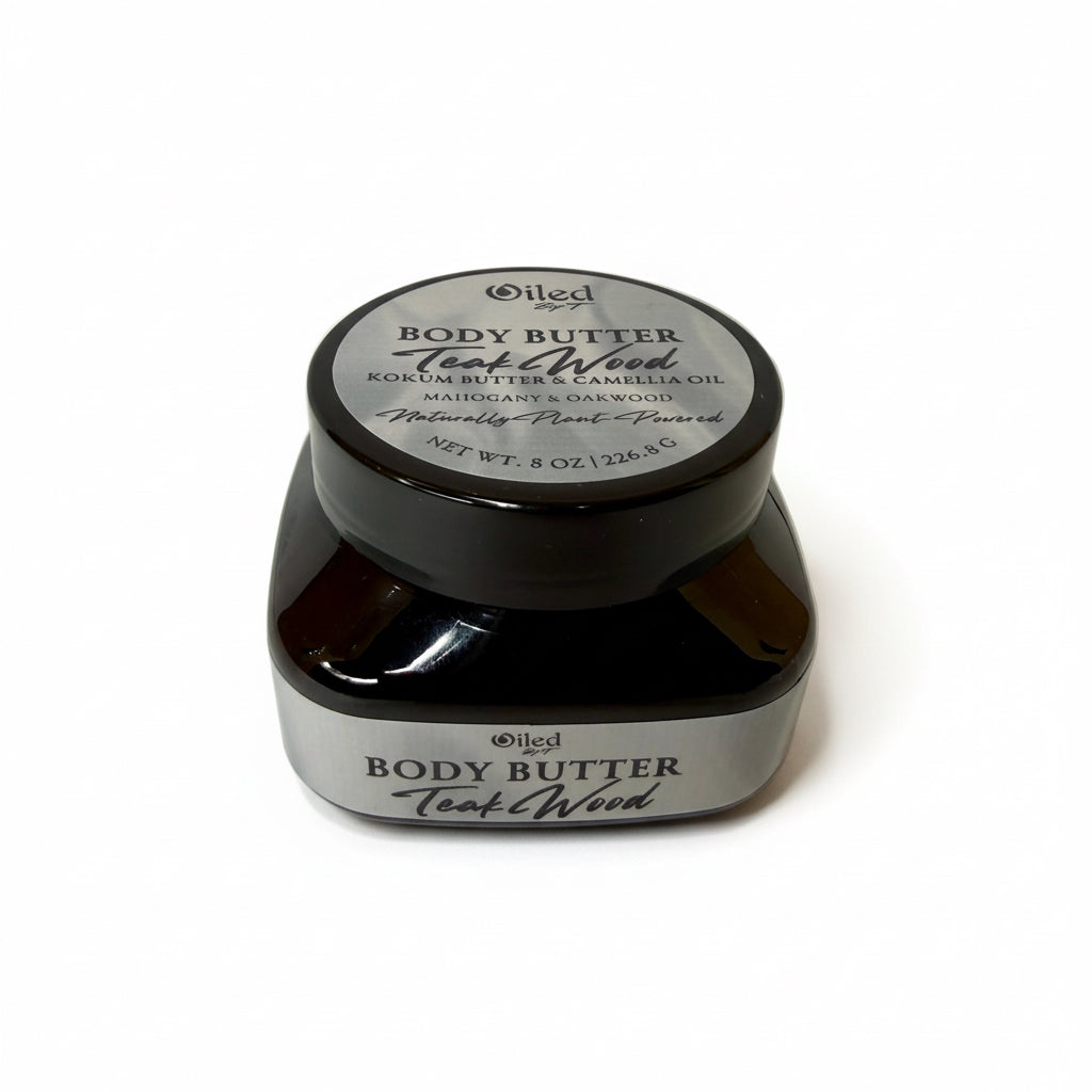 8oz Jar of body butter labeled 'Teak Wood' on a white background