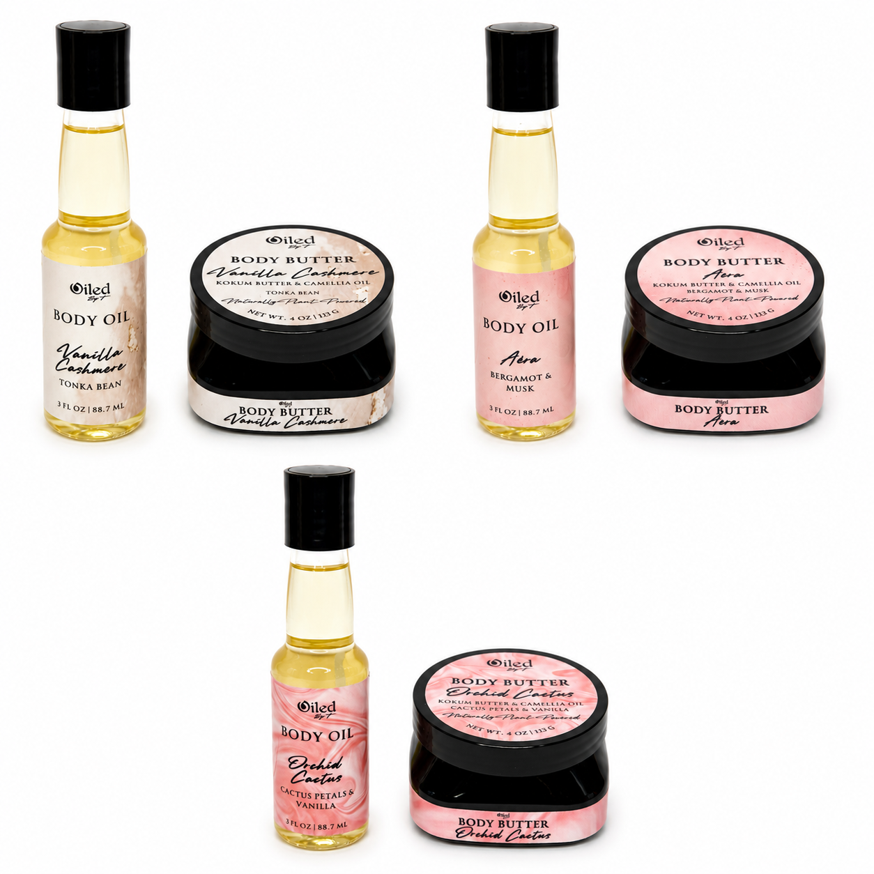 Collection of body oils and butters with visible labels on a white background