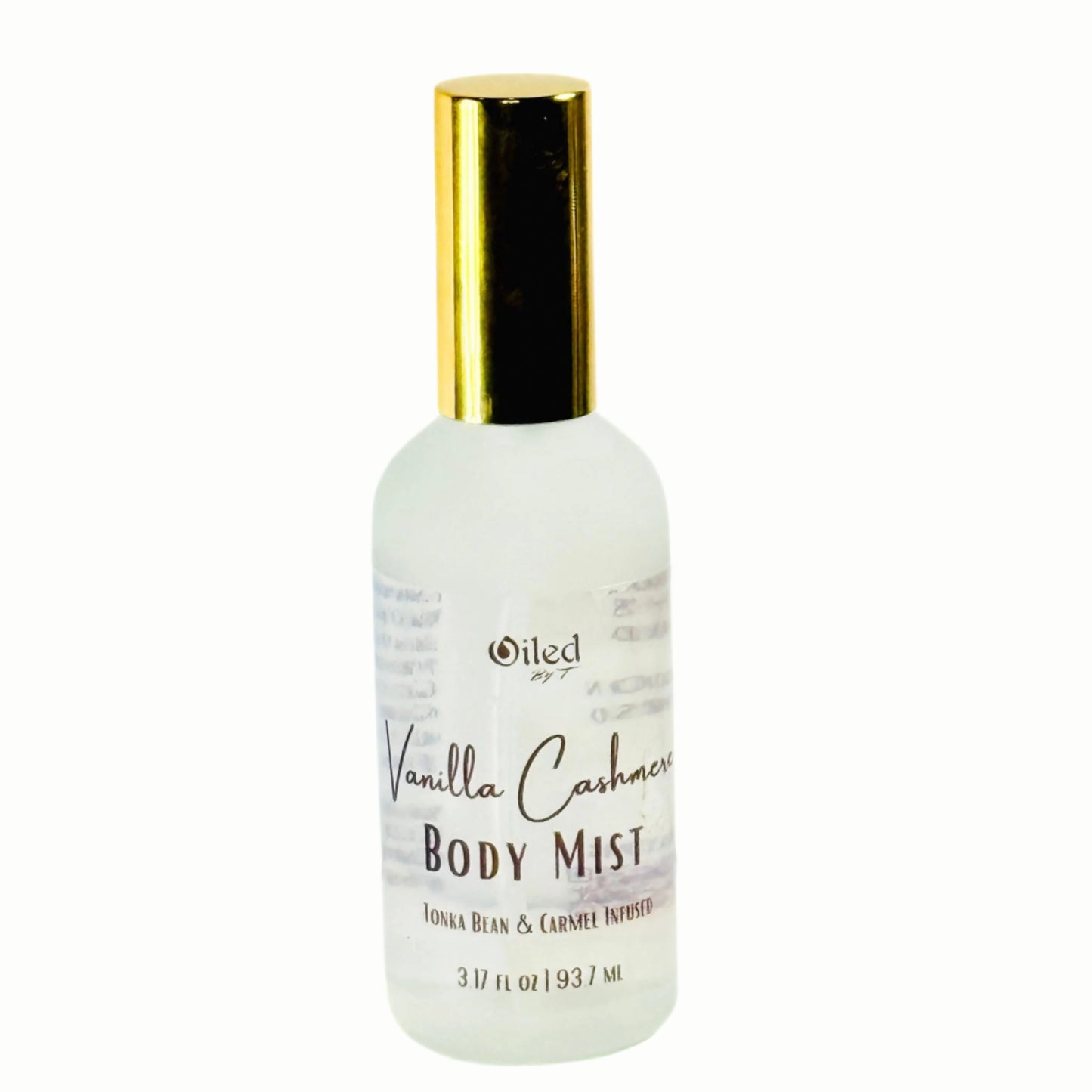 Vanilla Cashmere Body Mist bottle with gold cap on a white background