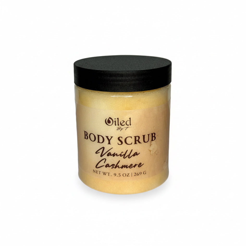 Jar of body scrub with vanilla cashmere scent on a white background