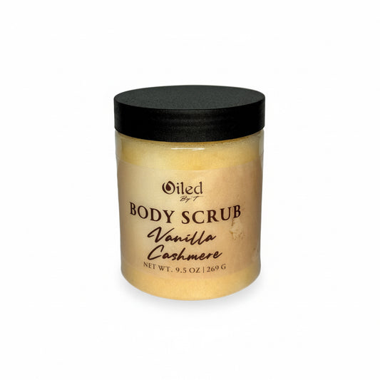 Jar of body scrub with vanilla cashmere scent on a white background