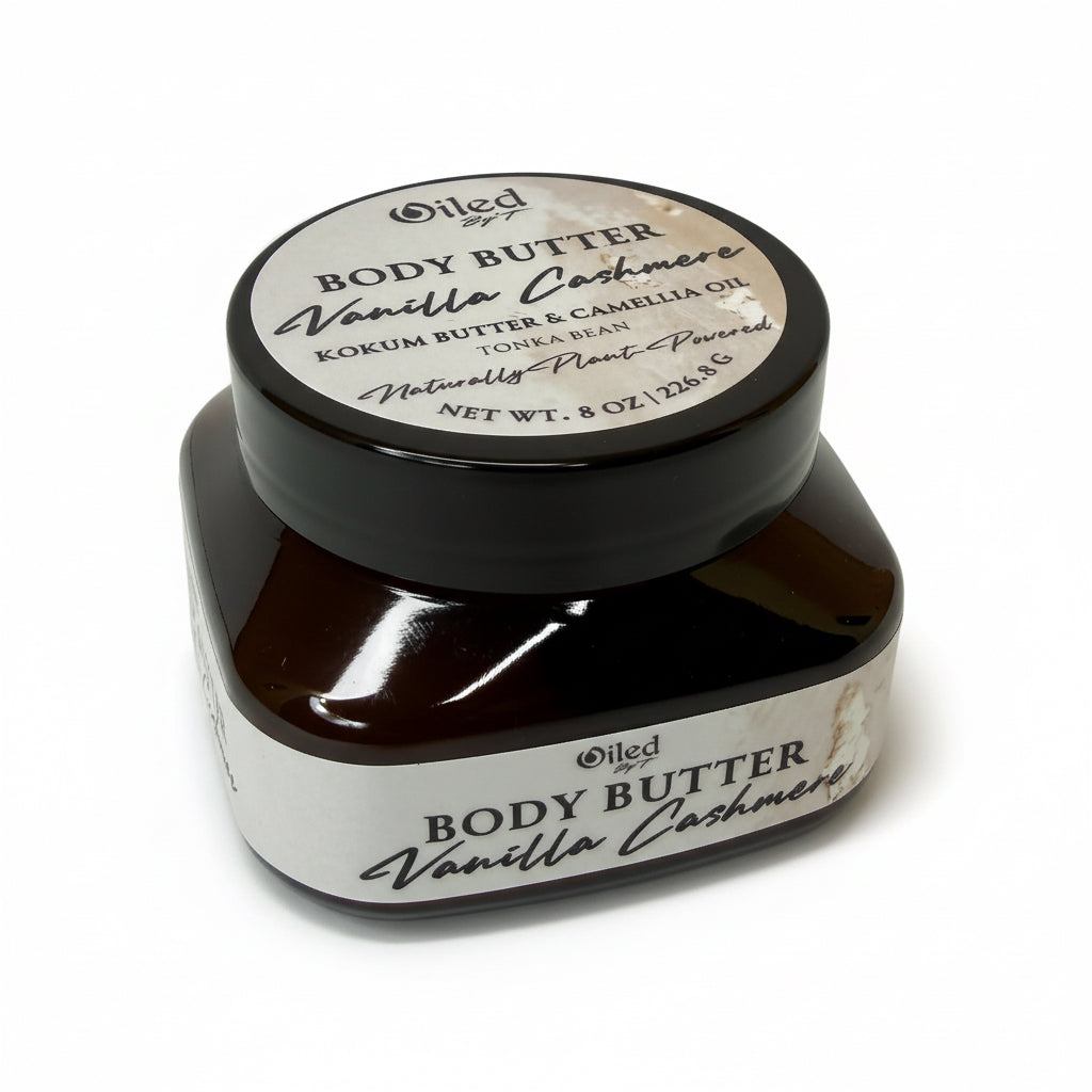 8oz Jar of body butter with vanilla cashmere scent on a white background